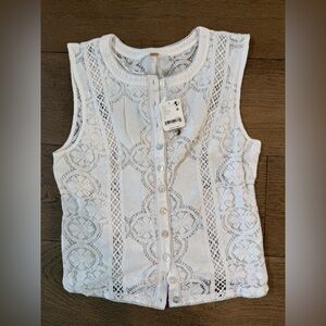 Free People White Lace Button-Up Sleeveless Top